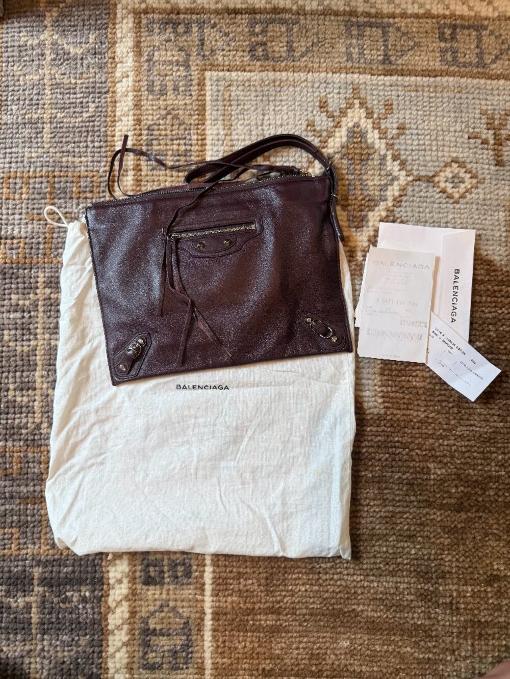 Balenciaga Burgundy Leather Zip Clutch with Silver Hardware
